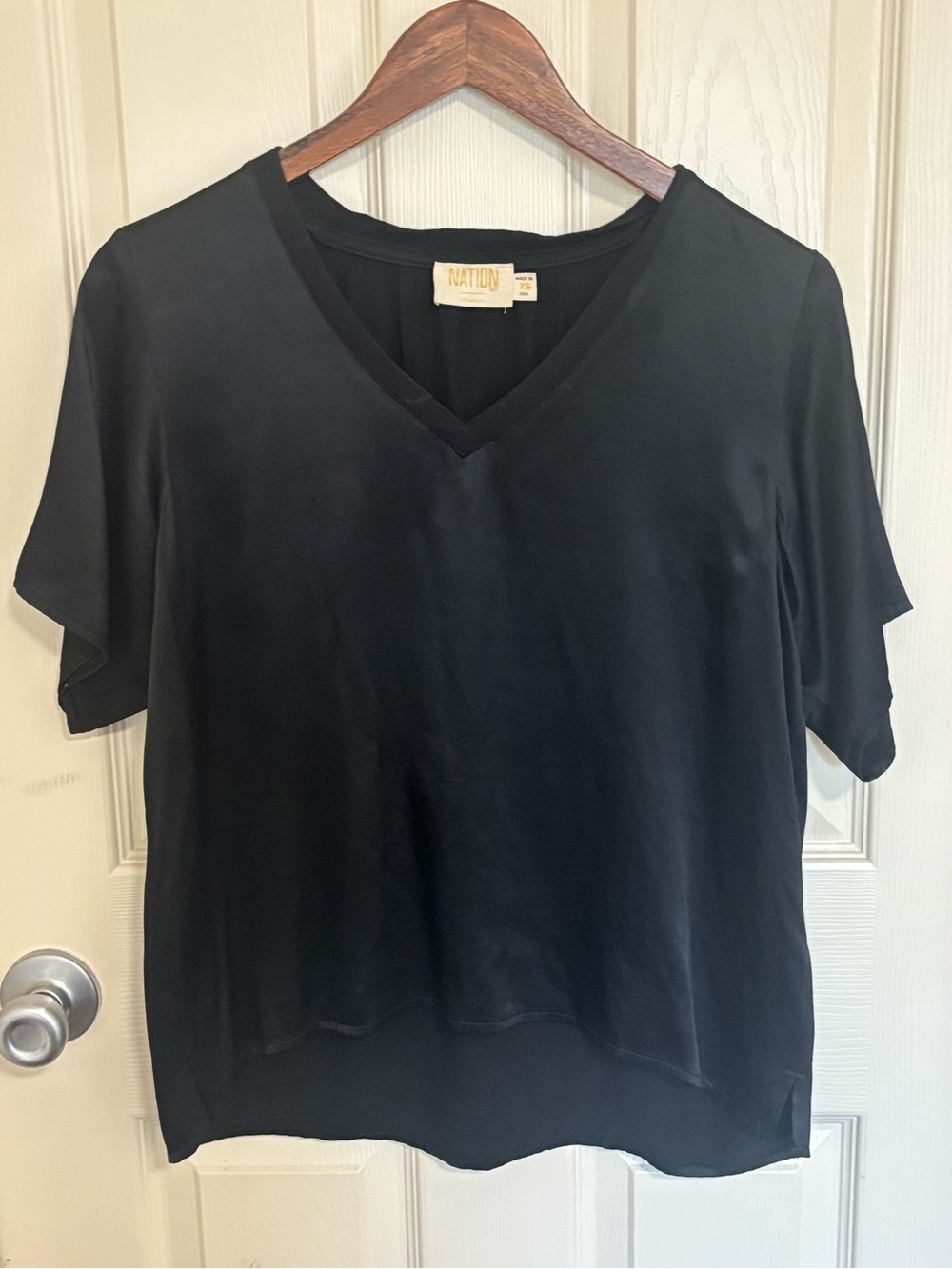 Nation LTD Black Rayon Top XS | Short Sleeve V‑Neck Minimalist Elevated Basic